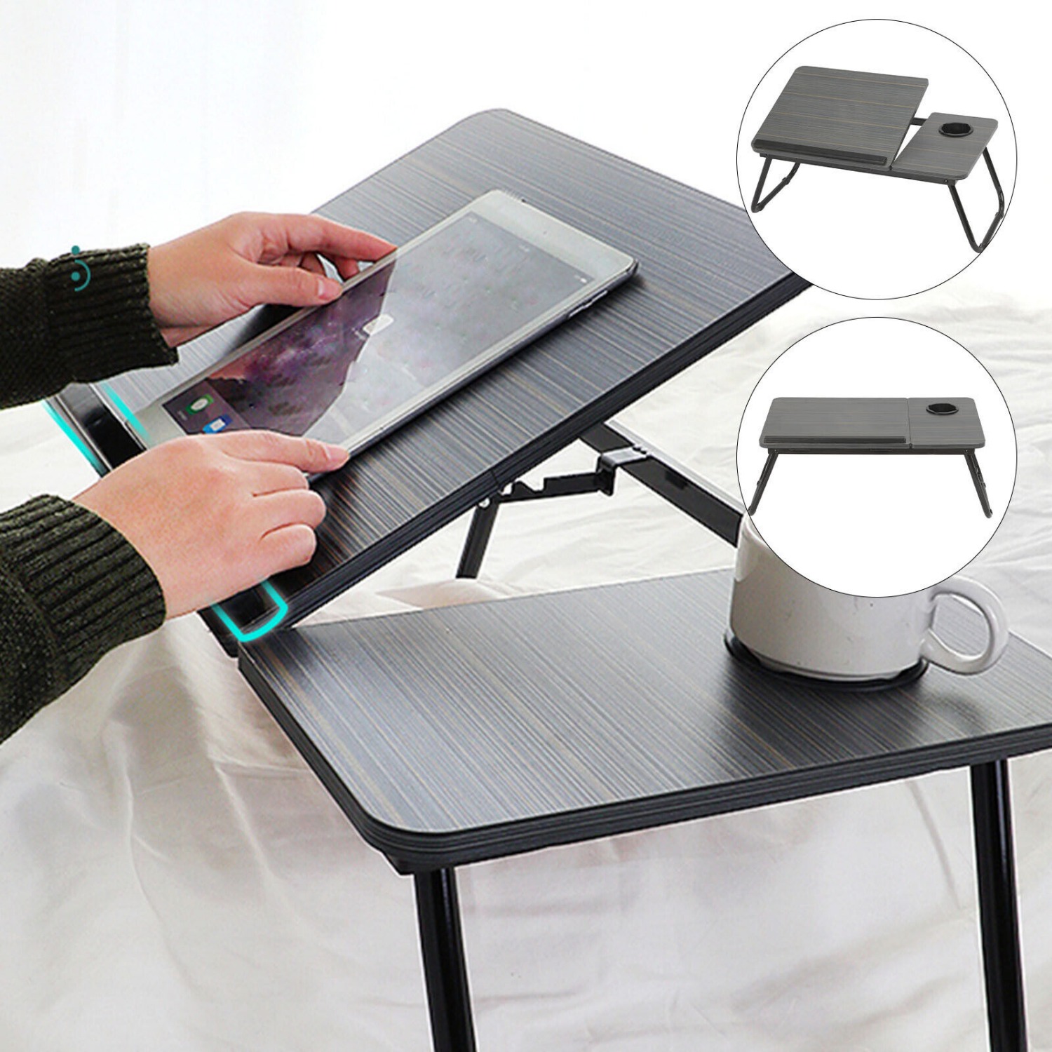Compact Foldable Laptop Desk with Cup Holder - 55.12cm x 32.0cm x 24.89cm Portable Bedside Table for Reading, Breakfast