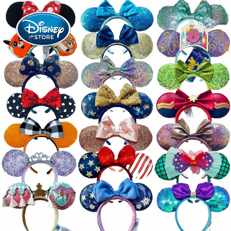 Diadema con orejas de Minnie de Disney para mujer, diadema de Disneyland, orejas de Mickey para adultos/niños, accesorios de Cosplay de lentejuelas de felpa de cuero para niñas