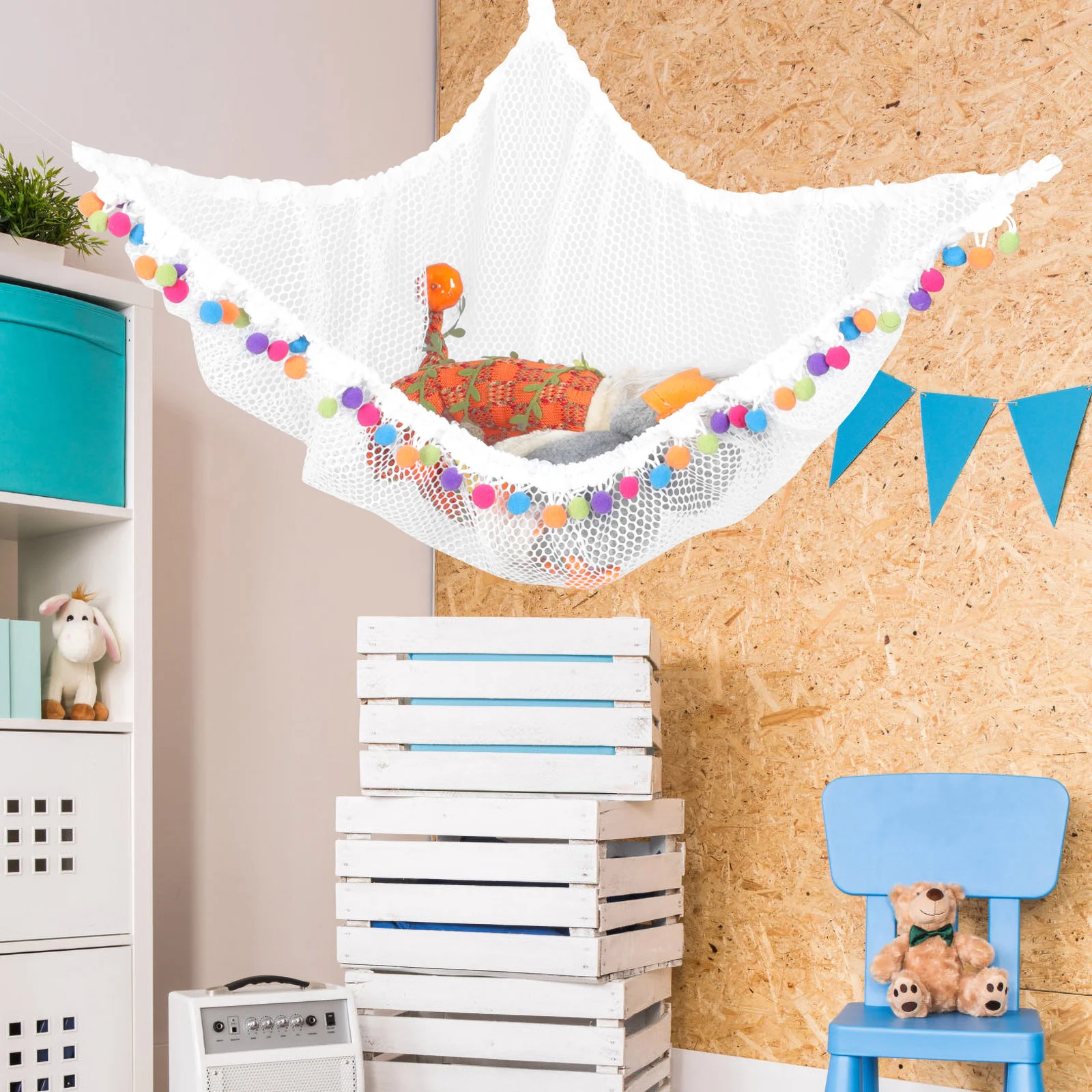 Stuffed Animal and Toy Hammock Organizer Mesh Net Holder for Kids Room Corner Storage