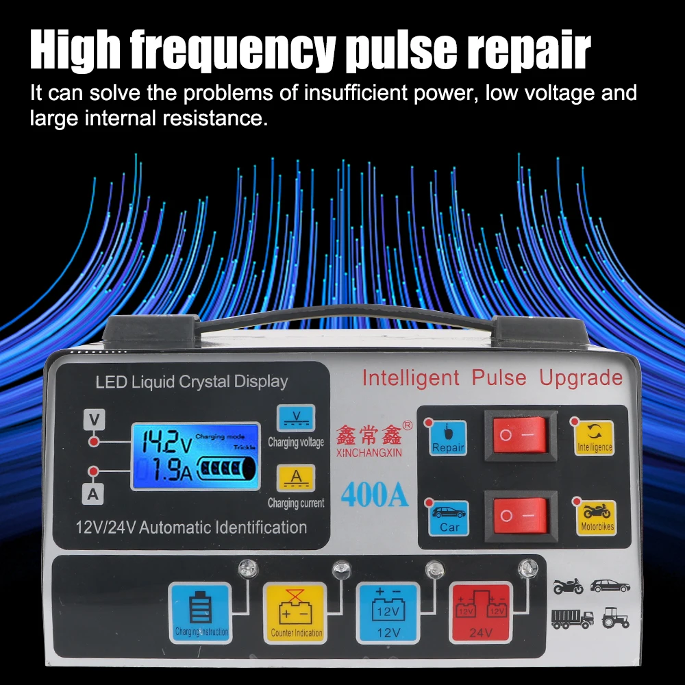 Voor Suv Vrachtwagen Boot Motorfiets Eu Plug Volautomatische 12V/24V 220W Auto Acculader Puls Reparatie High Power Lcd-Display