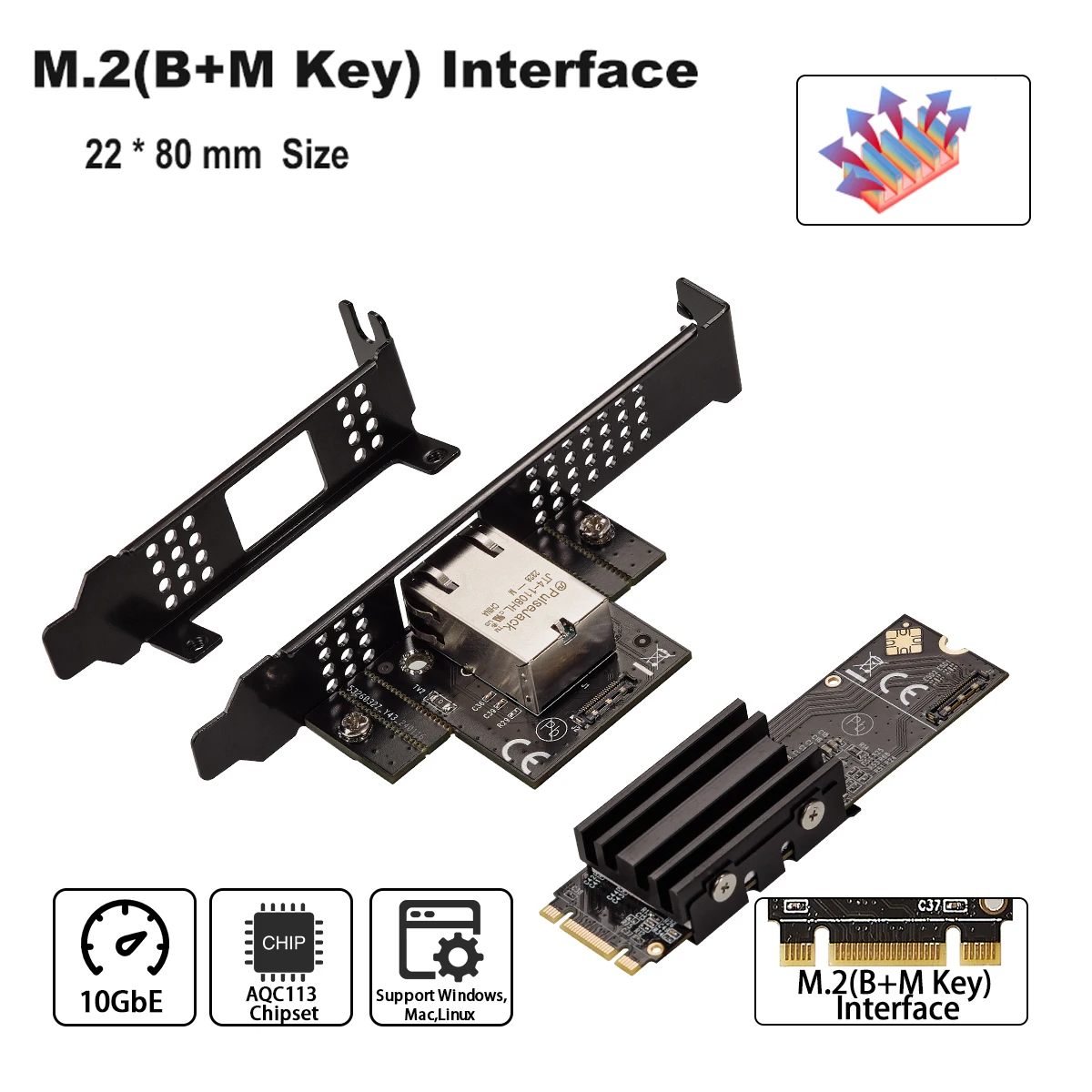 IOCREST M.2 B+M Однопортовая сетевая карта 10GbE Сетевой адаптер Ethernet RJ45 AQC113 Сетевая карта сервера промышленного управления