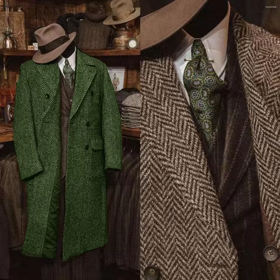 Veste longue en Tweed à motif de chevrons pour hommes, Slim, Design à la mode, vêtements d'hiver pour hommes, décontracté, Business, nouvelle collection 2025