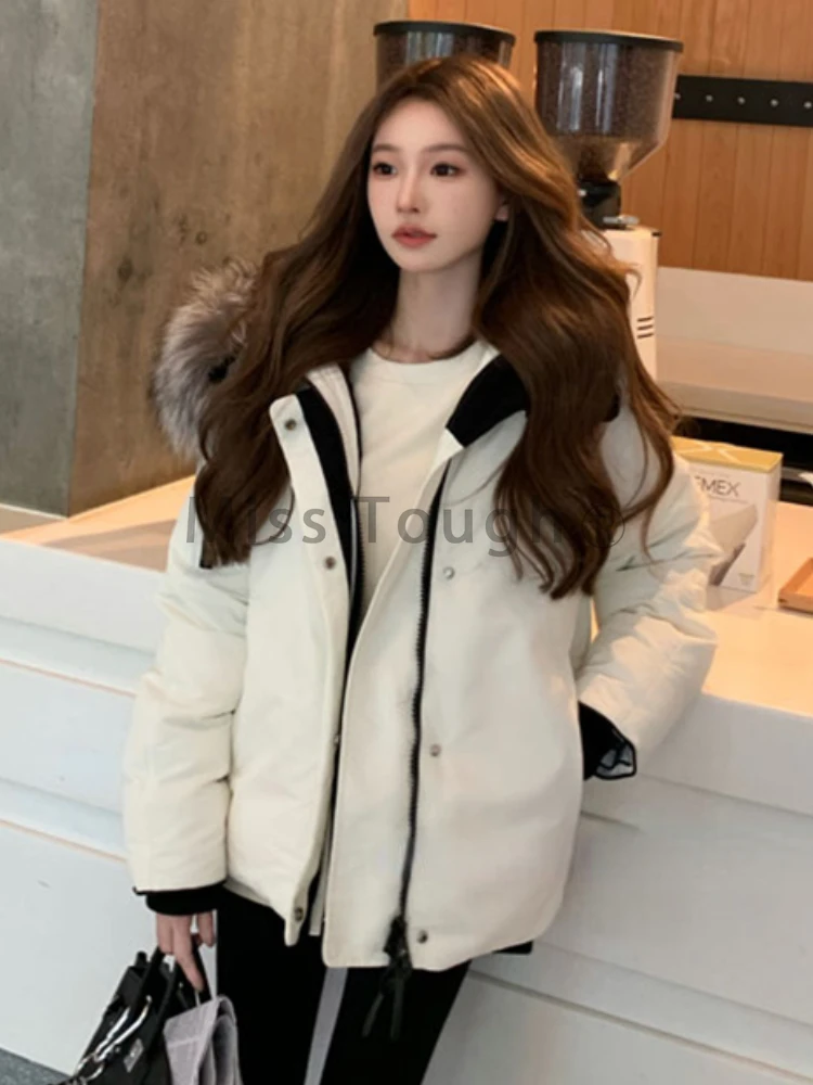 Inverno branco elegante casaco quente para mulheres sólido zíper casual jaqueta com capuz feminino estilo coreano simples vintage parkas 2023 novo