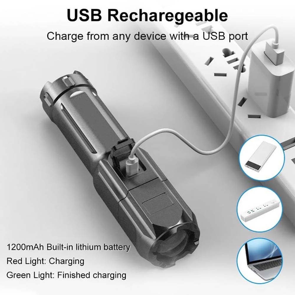 Mini linterna de enfoque con zoom recargable por USB, linterna portátil para exteriores, Camping, pesca, caza, potente linterna LED