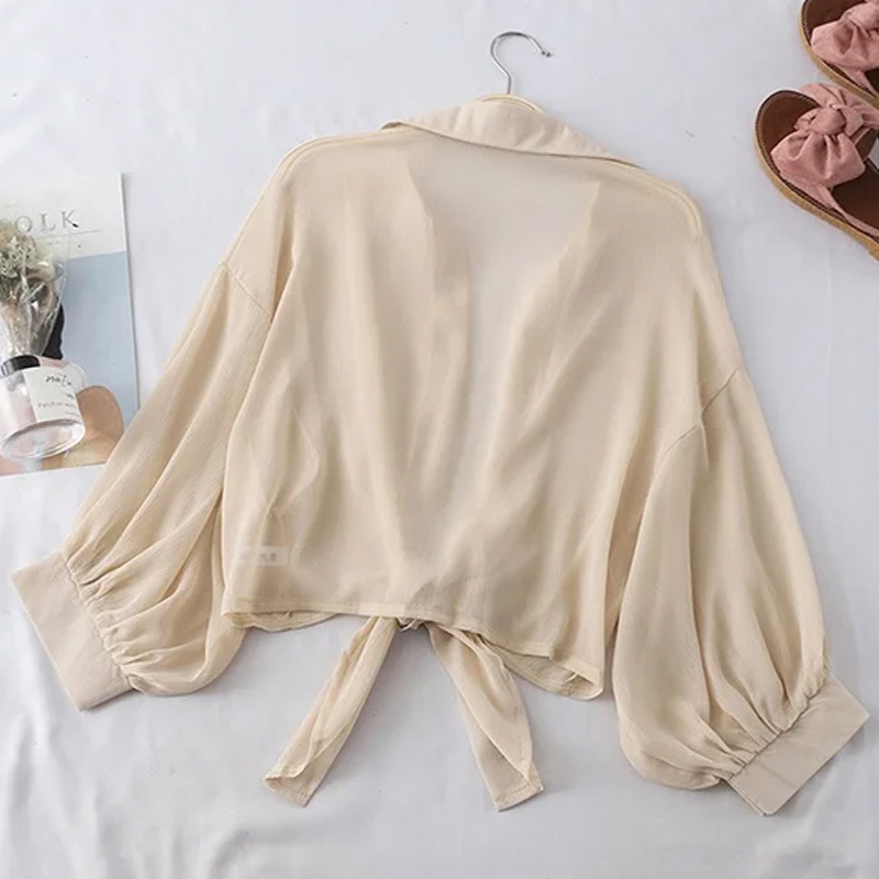 Damska letnia szyfonowa koszula z półrękawkiem Casual Loose Button Hollow White Clothes Elegancka bluzka w jednolitym kolorze z wiązaną talią 9776