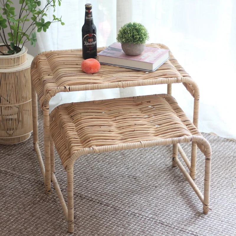 Mesa de café do Rattan do estilo nórdico, sala de estar, varanda, natural, simples, mesa lateral de vime, mesa retangular