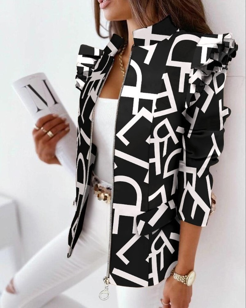 Jaqueta blazer colorida feminina, leopardo impresso com babados, manga comprida, terno estampado com zíper, roupas plus size