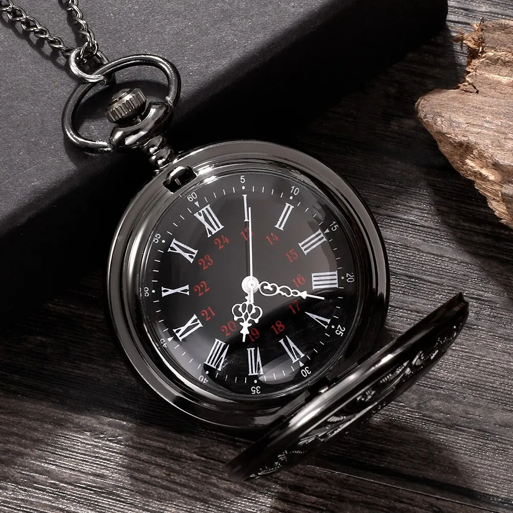 Relógio de bolso Steampunk com corrente para homens e mulheres, colar com pingente, charme vintage, preto, número romano, quartzo, moda unissex, presente