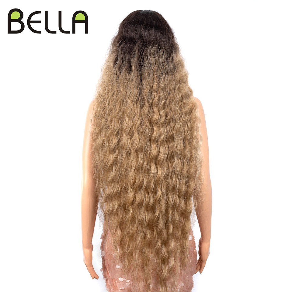 Bella 40 นิ้ว T Part ลูกไม้วิกผมสังเคราะห์ Deep WAVE วิกผมยาว Ombre สีบลอนด์สีน้ําตาลคอสเพลย์วิกผมความร้อนทนผมปลอม