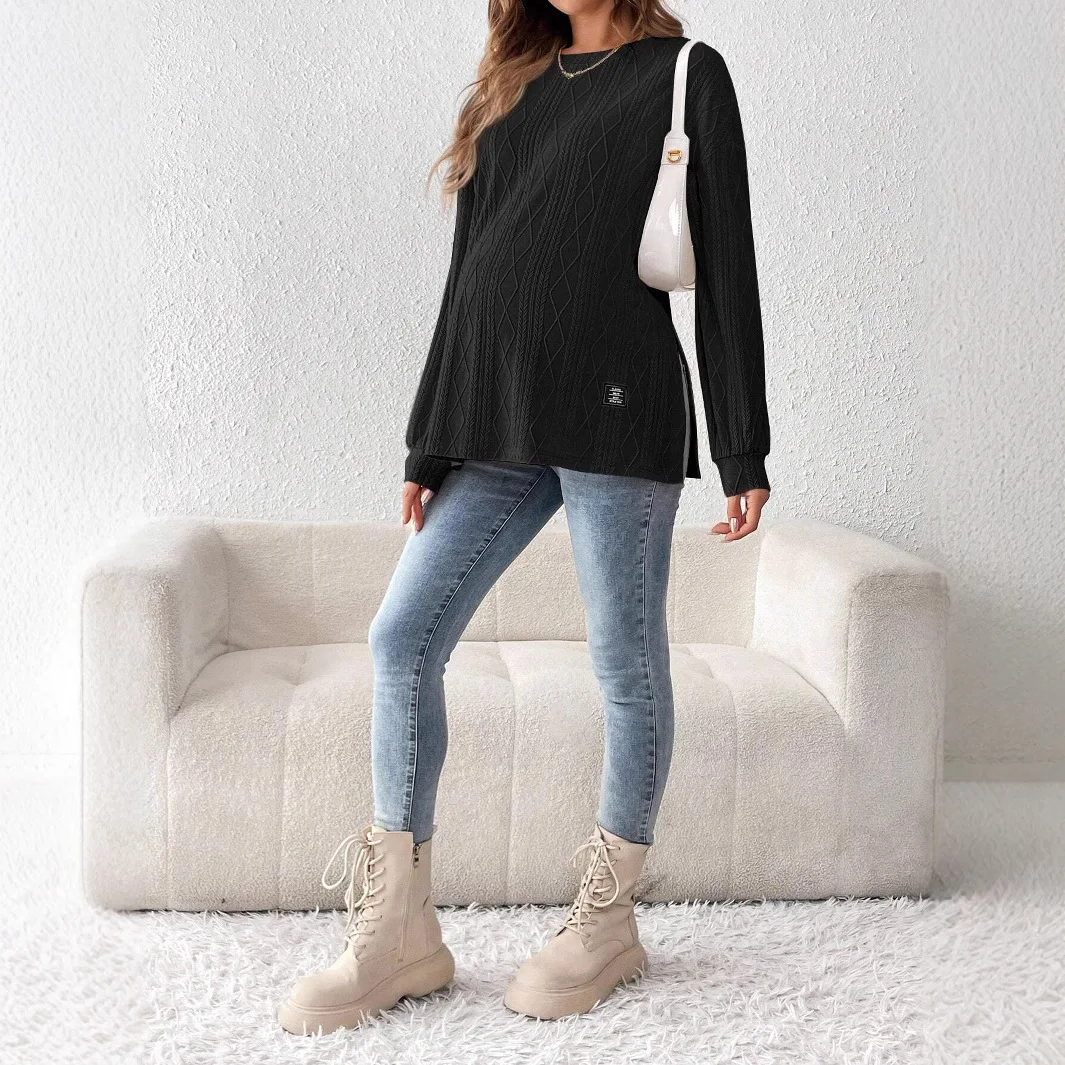 妊婦服 Tシャツマタニティ服妊婦着用ラウンドネック長袖モノクロデイリーレジャー Tシャツ