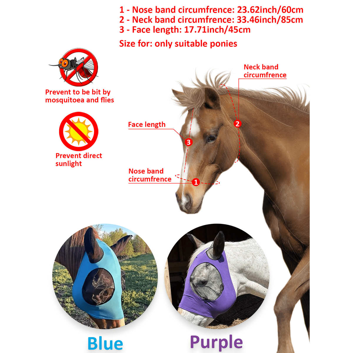‌ Máscara de mosca de cavalo com proteção UV malha respirável ajustável para andar de equipamento equestre leve ao ar livre