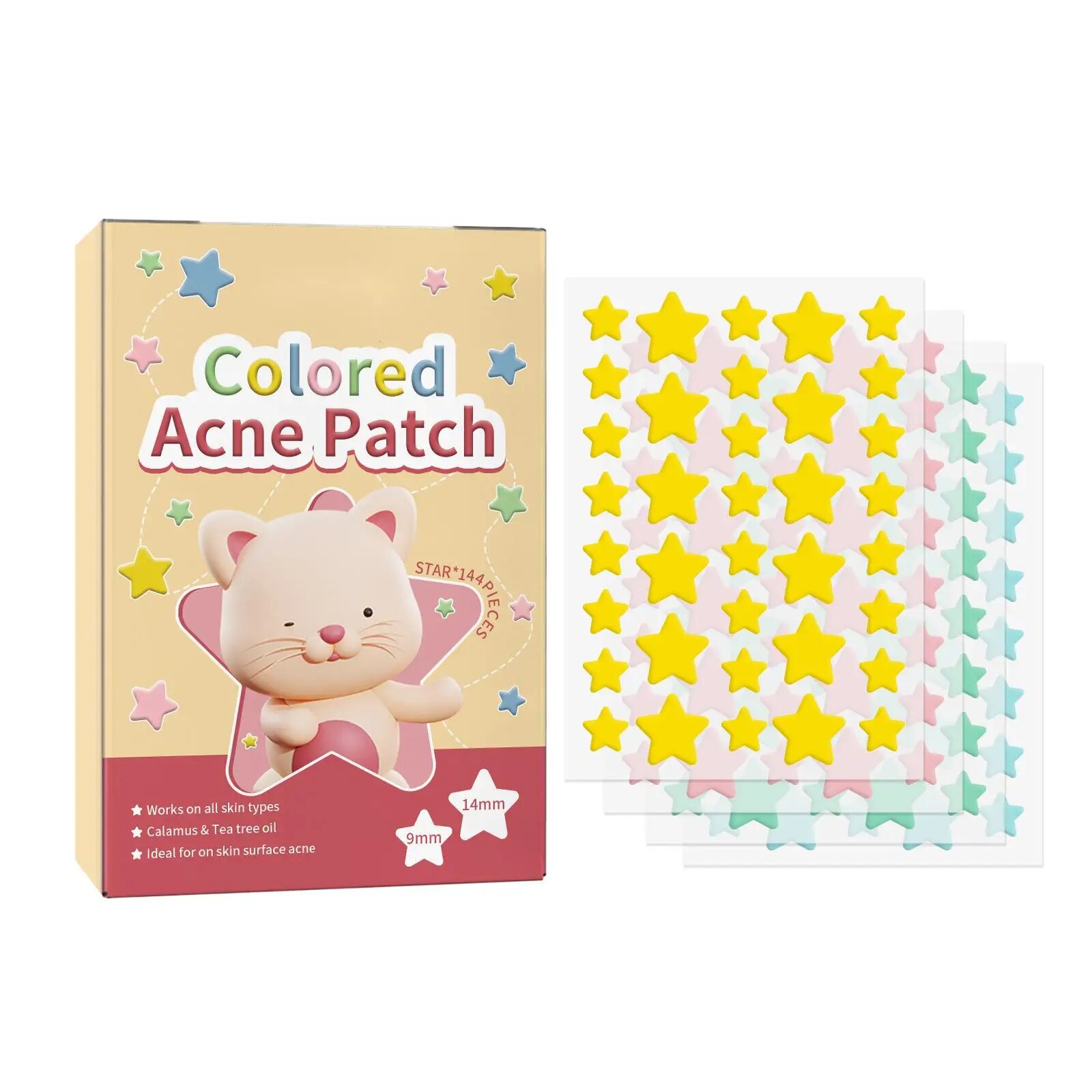Star Acne Patch Fade Away, Pimple Marks, Poro limpo, Pele lisa, portátil, pentagrama colorido, 144pcs
