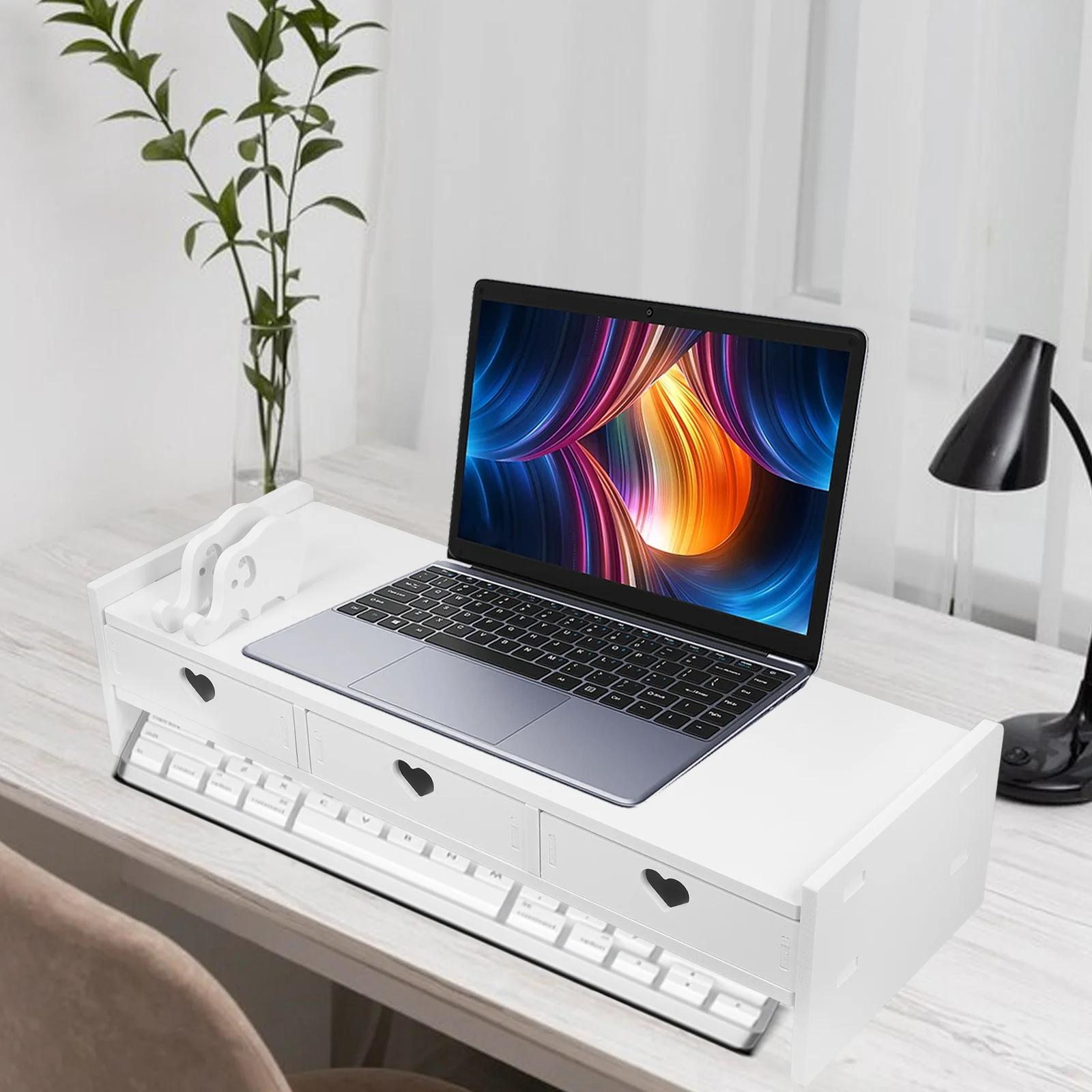 Keyboard Storage Rack Monitor Riser with Drawers PVC Wood Composite Desk Organizer Office Computer Screen Height Adjustable
