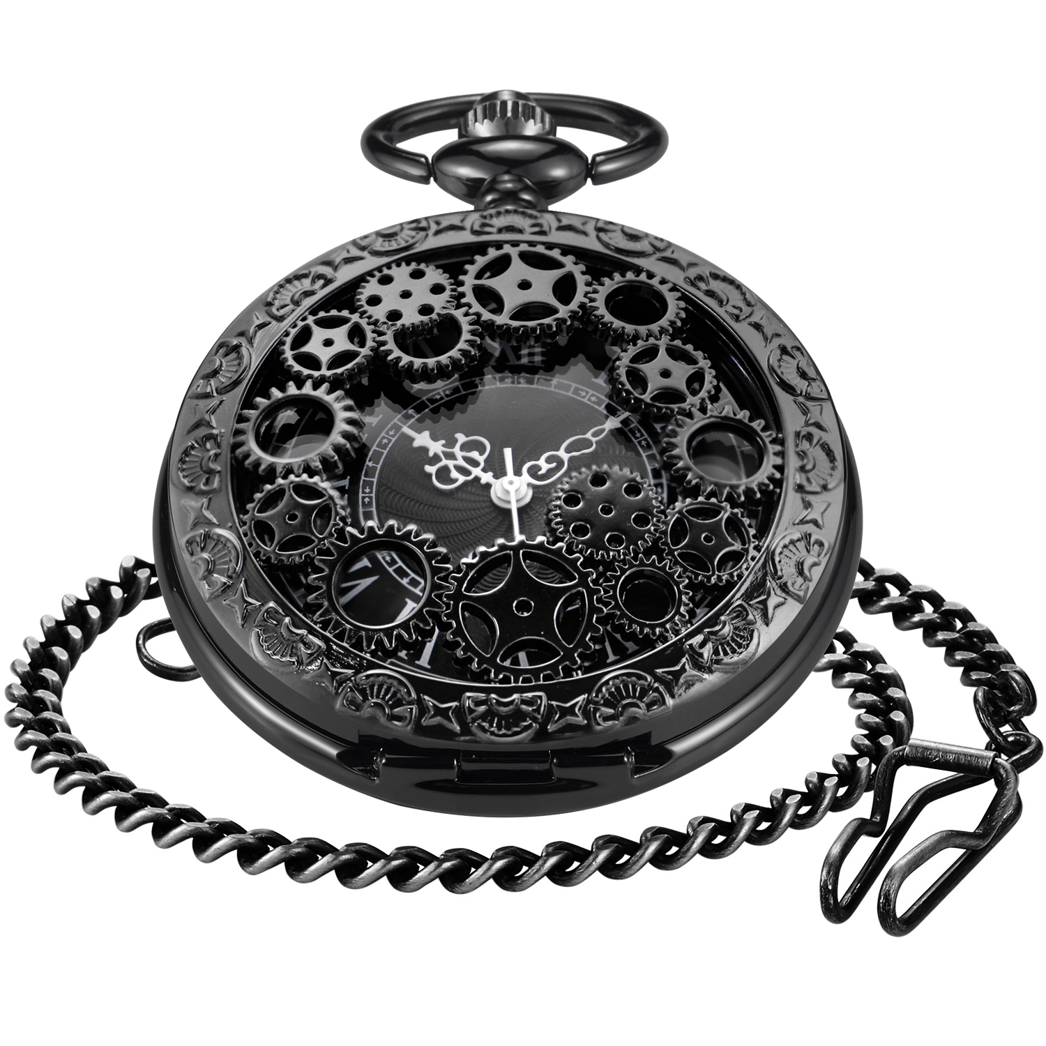 Reloj de bolsillo de cuarzo hueco Vintage para hombres y mujeres, acero Steampunk, engranaje negro, COLLAR COLGANTE, cadena de reloj, CF1036