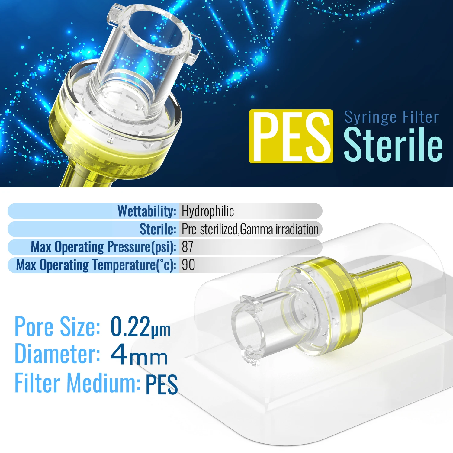 Sterile hydrophilic Syringe Filters,PES Membrane 0.22μm Pore Size,4mm Diameter,10pcs/25pcs/100 Pcs Individually Packed by Ks-Tek