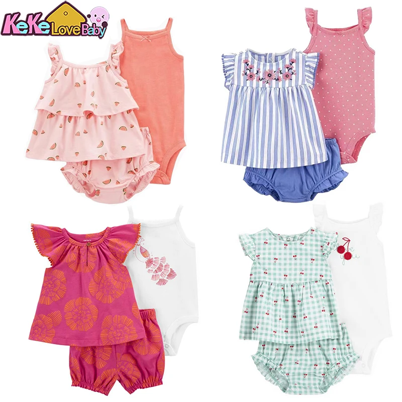 Conjunto de ropa de verano para niñas, trajes infantiles de moda con flores de algodón, mono de manga corta, pantalones cortos, ropa para niños de 3 uds de 6 a 24 meses
