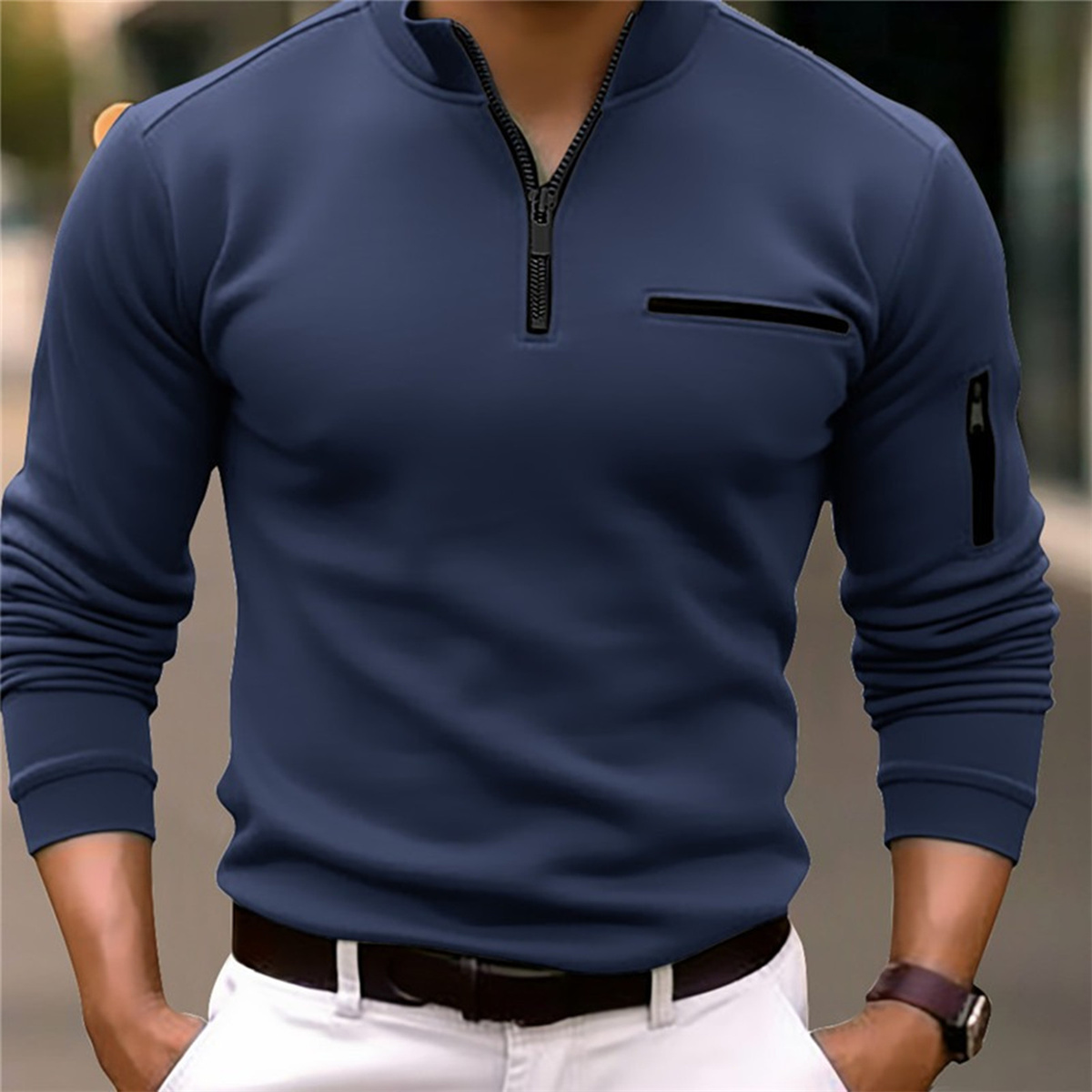 Camisa POLO con capucha para hombre, Color sólido, manga larga, brazo, pecho, diseño de cremallera, ligero, maduro, informal, deportivo, moda holgada, otoño