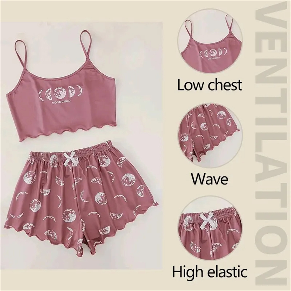 Conjunto de pijama para mujer, camisola deportiva y pantalones cortos, estampado de Luna rosa y Planeta, suave y cómodo, informal, Verano
