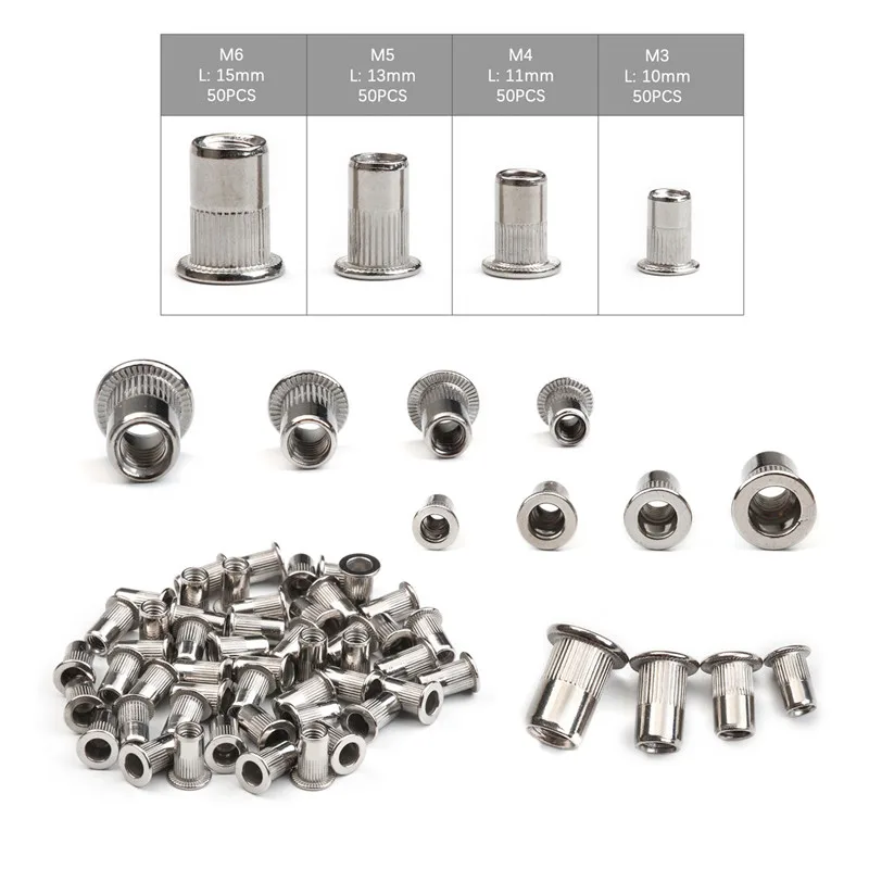 100PCS Stainless Steel Threaded Rivets Nut Flat Head Rivet Nuts Set Insert Reveting M3 M4 M5 M6 Stainless Steel Rivet Nut Set