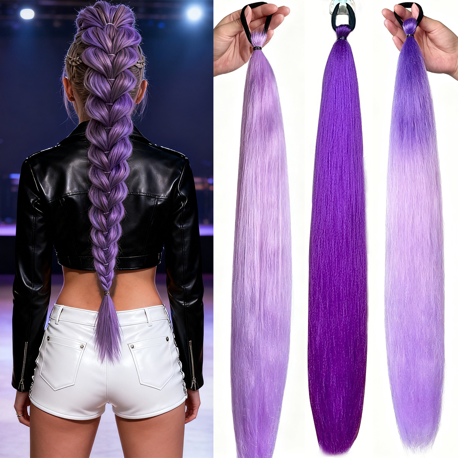 2 Stück synthetische lila lange gerade Pferdeschwanz Gummiband Pferdeschwanz Haarverlängerung für Frauen lila Halloween