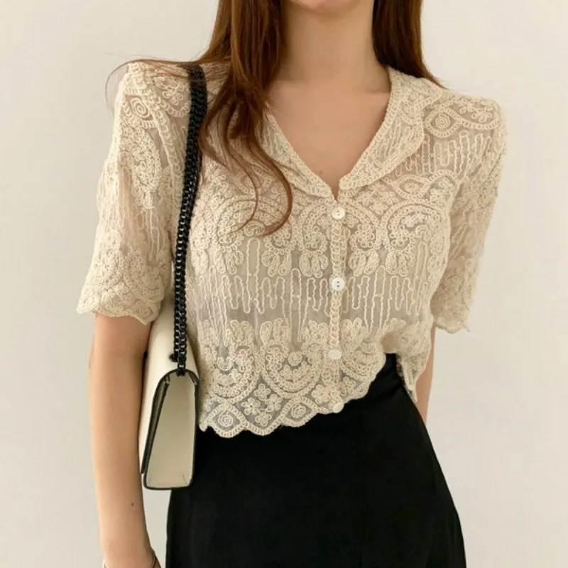 Blusa de renda bordada transparente cobrir top manga curta botão frontal cardigan feminino verão boho roupa de férias