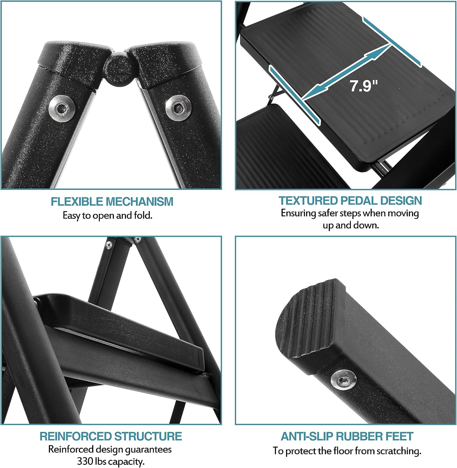 Lightweight portable collapsible folding sturdy steel metal step stool with non-slip wide pedals, heavy duty 330 lb capacity