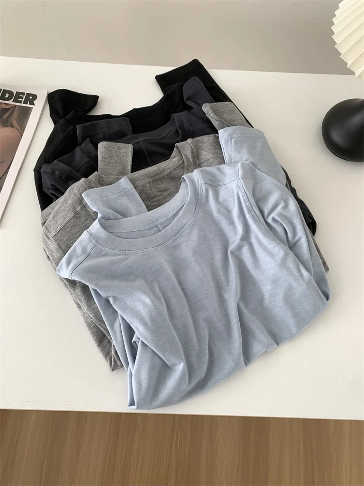 Seide Wolle Splice Langarm T-shirt Frauen Frühling Sommer Dünne Weiche Wachsartige Passform Einfarbig Backing Top
