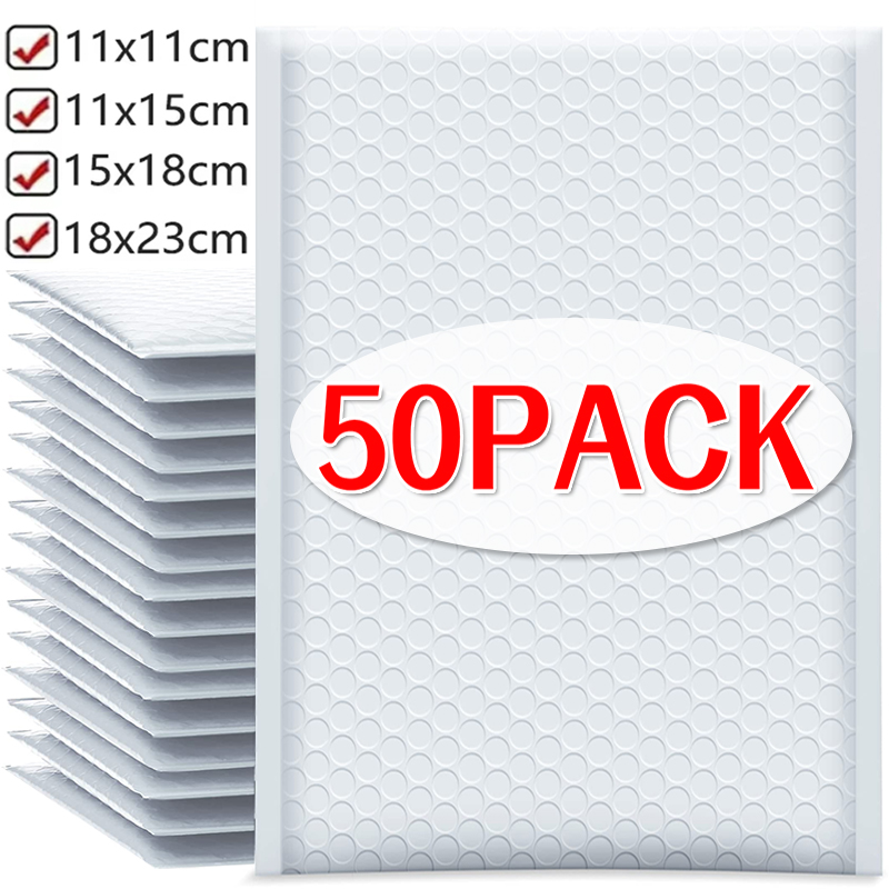 50-10 Uds. Sobres de burbujas bolsas de envío de espuma blanca almohadilla de sobres de burbujas de polietileno bolsas de embalaje autoselladas para revistas 11cm 15cm 23cm