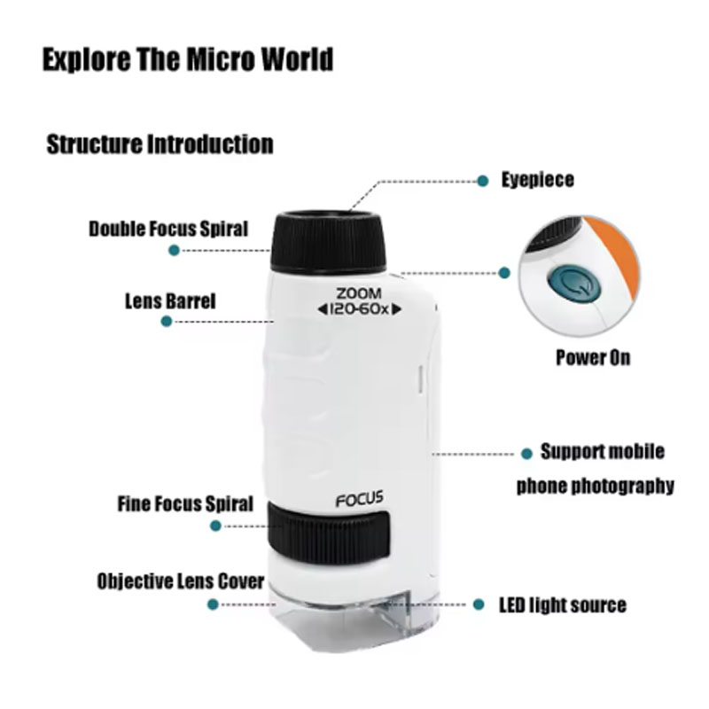 Pocket Microscope Kids Science Toy Kit 60-120x Educational Mini Handheld Microscope with LED Light Outdoor Children Stem Toy