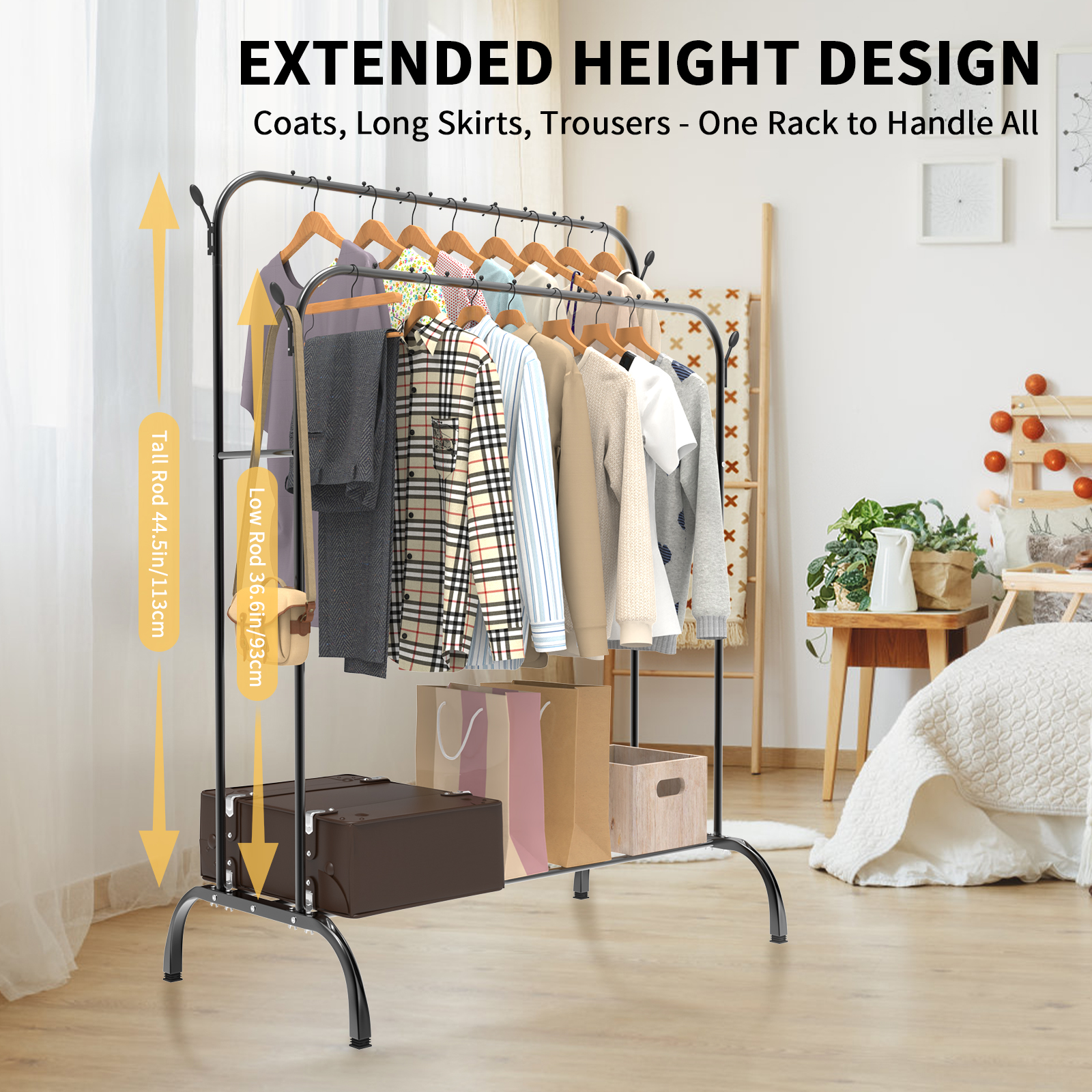 Metal Clothes Rail Coat Stand Clothes Rail for Bedroom Freestanding Garment Rack Hanger With 8 Side Hooks for Bedroom Office