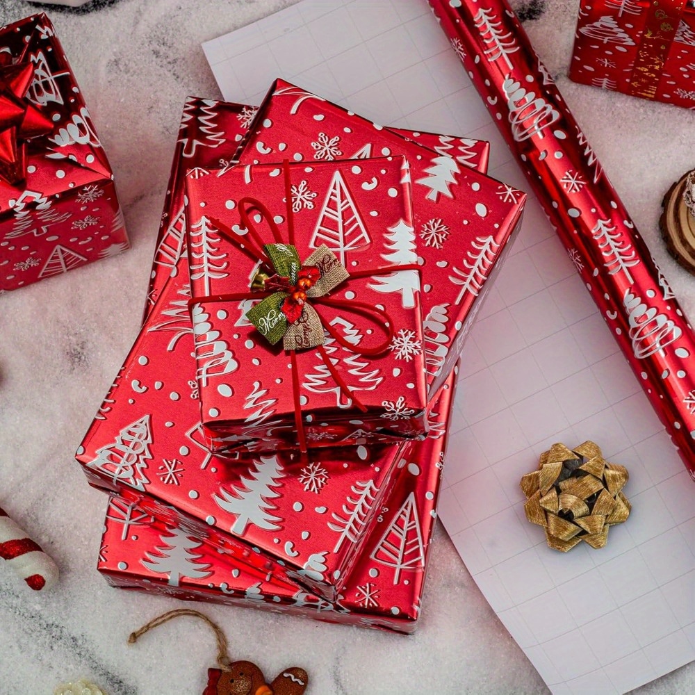 1 Roll Christmas Red Wrapping Paper 17 In X 33 Ft Luxury Metallic Shiny Red Christmas Tree and Snow Foil Roll Winter HolidayGift