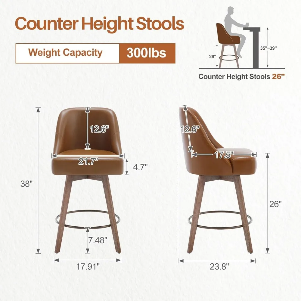 Counter Height Bar Stools Set of 2, Mid-Century Swivel Bar Chairs with Backs and Beech Wood Legs, 26 Inch Seat Height