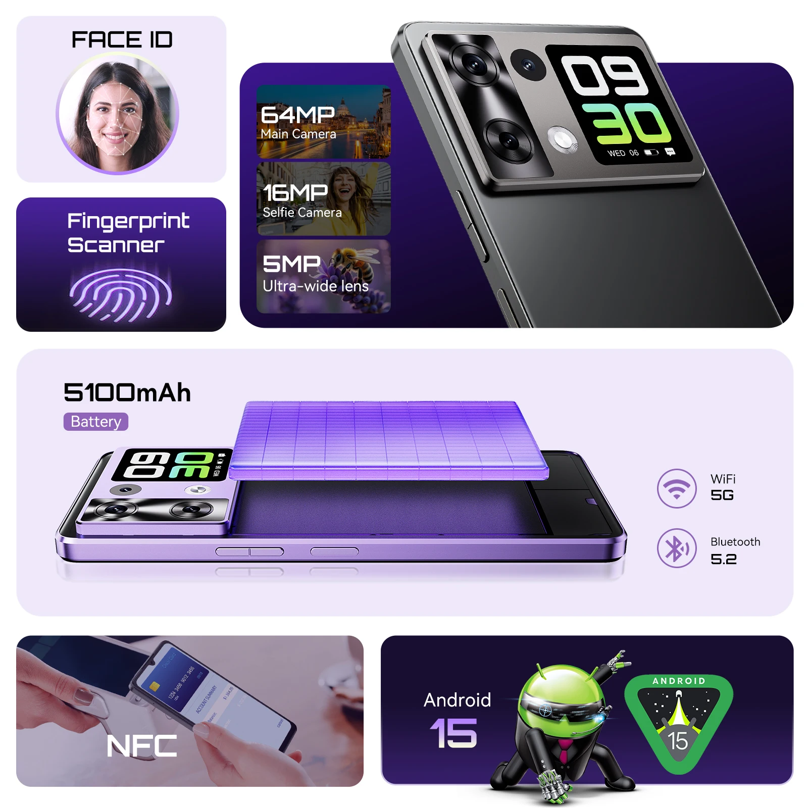 สมาร์ทโฟน Android 15 Cubot P90 หน้าจอ 6.88 นิ้ว 120Hz, RAM 24GB (ขยายได้ 12+12GB), ROM 256GB, โปรเซสเซอร์ G100 Octa-core 2.2GHz, กล้อง 64MP, แบตเตอรี่ 5100mAh, NFC, ลำโพงคู่, โทรศัพท์ 4G, smartphone android
