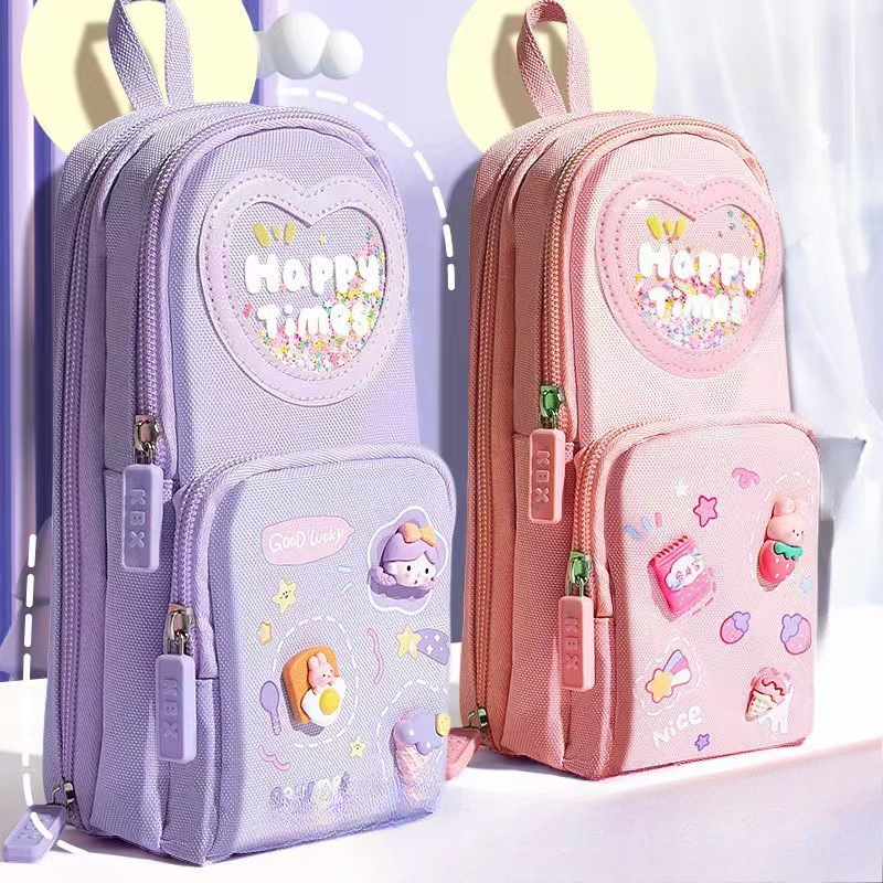 Mochila de mano, estuche para lápices, dibujos animados bonitos, lona resistente a la suciedad, bolsa de papelería de gran capacidad de tres capas, bolsa de almacenamiento