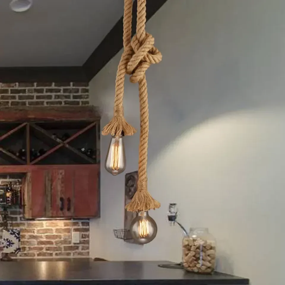 Industrial E27 Vintage Hemp Rope Pendant Lights Attic Personality Indoor Lightings for Loft/Living Room/Bar Pendant Chandelier