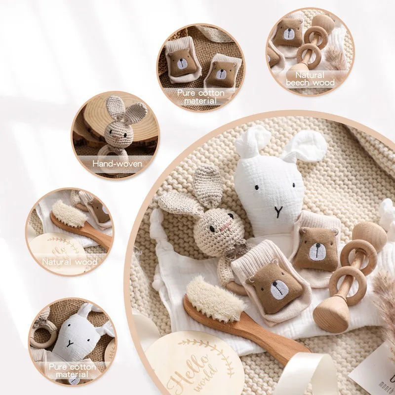 เด็กไม้โครเชต์ Rattle แปรงสร้อยข้อมือผ้าเช็ดตัวผ้าฝ้ายสองด้านผ้าห่มทารกแรกเกิดชุดของขวัญกล่องสําหรับของขวัญอาบน้ําเด็ก
