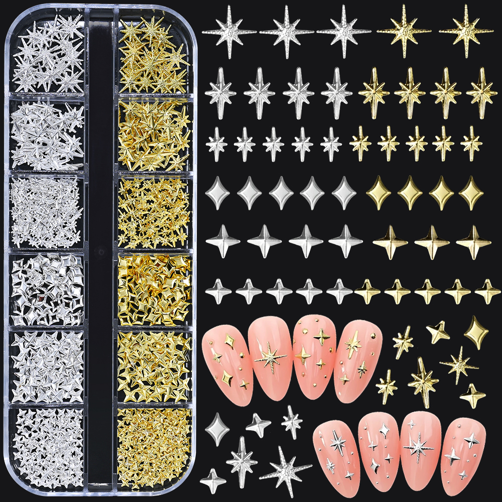1000Pcs-12grids 3D Gold Silver Star/Cross Nail Rivet Studs Alloy Metallic Starlight Nail Charms Y2K 3d Cross/Star Manicure Rivet