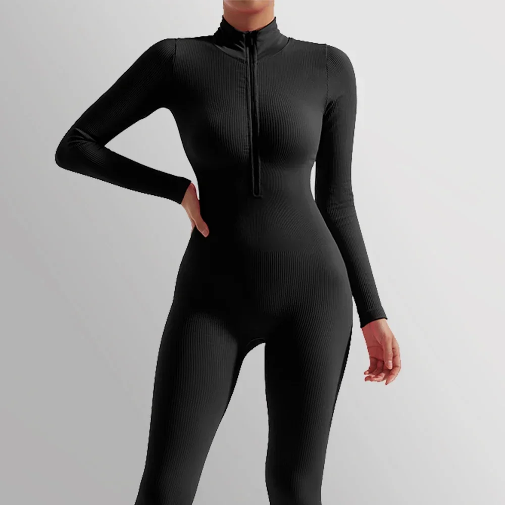 2024 秋ボディコンスリムジャンプスーツ女性の服ジッパーカジュアルブラウンフィットネスロンパース遊び着アクティビティストリート全体