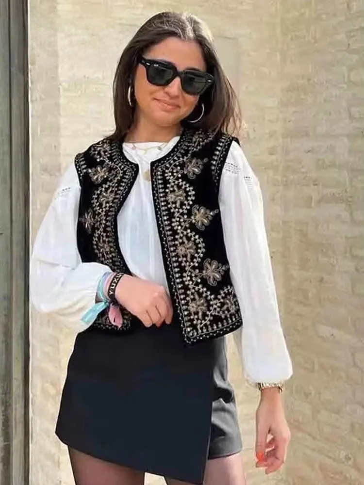Vintage Herbst Samt Bestickte Weste Ärmellose Jacke Frauen V-ausschnitt Chic Westen Weibliche Mode Westen Mantel 2023