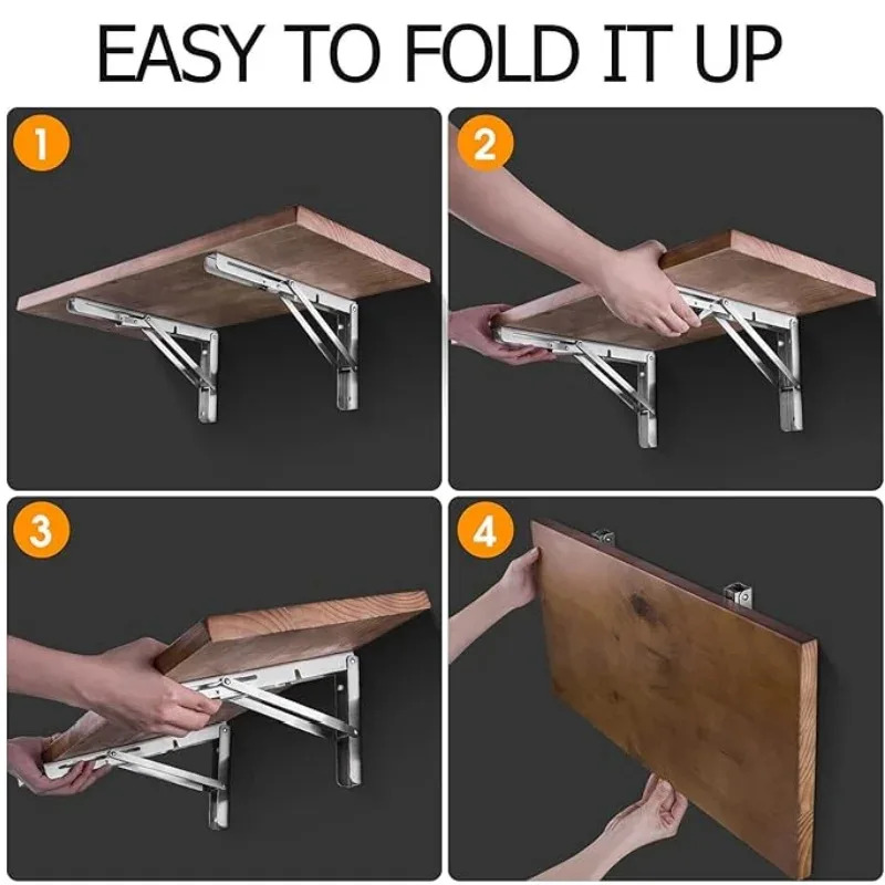 Heavy Duty 2PCS Stainless Steel Triangle Folding Shelf Brackets – Wall Mounted Collapsible Angle Bracket for Table, Workbench