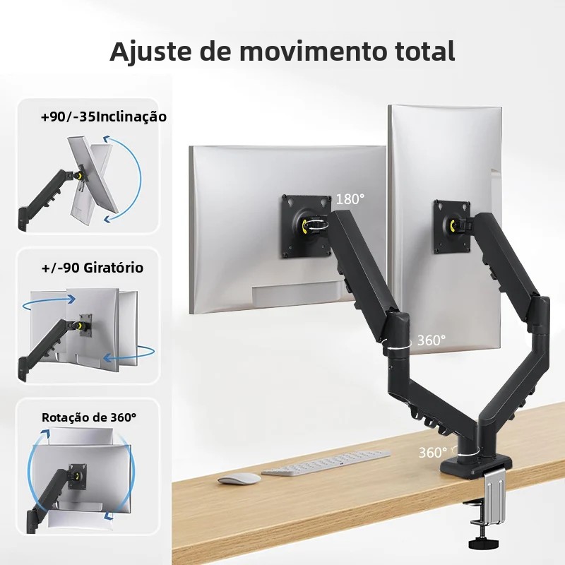 suporte para monitor de computador de braço único/duplo com 360 °   rotação, braço de monitor duplo com mola ajustável de 13-32 polegadas para retenção de mesa