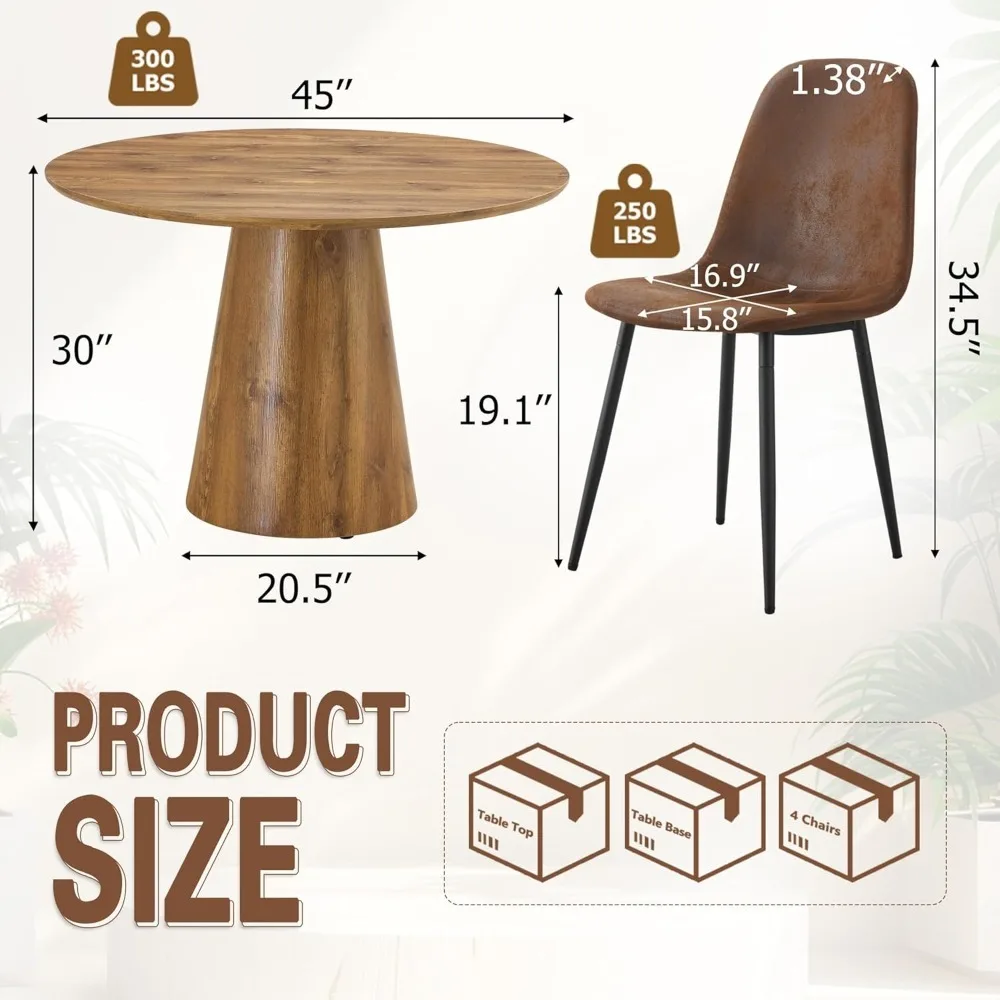 Round Dining Table Set for 4,45'' Wood Kitchen Table Set with Suede Chairs,Farmhouse Dining Table Set for 4,Deal for Apartment