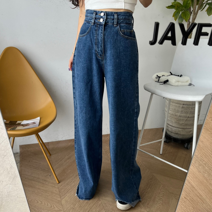 シックなハイウエストストレートレッグジーンズレディースファッション秋冬春季節多用途ワイドレッグパンツほつれ裾