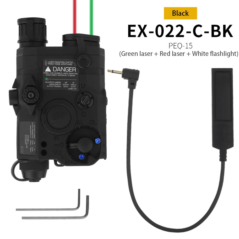 WoSporT PEQ-15 (เลเซอร์สีแดง + เลเซอร์สีเขียว + ไฟฉาย) ยุทธวิธีสีแดงสีเขียว Dual Laser Ray Indicator