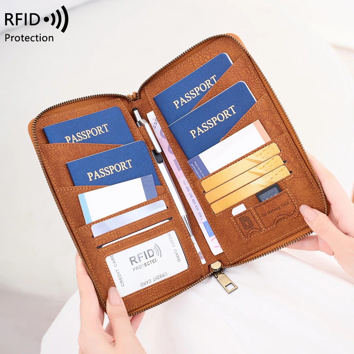 Multifunctionele RFID-blokkeerbare paspoorttas Reisdocumenthouder met lange rits Ticketopslagportemonnee voor meerdere paspoorten