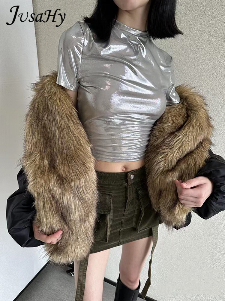 Jusahy แจ็คเก็ตลำลองขนยาวสำหรับผู้หญิง, ใหม่เสื้อแจ็คเก็ตบุนวมปกเสื้อแบบคลาสสิกตรงสุดชิค