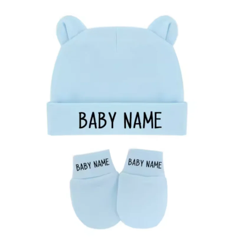 Gorro personalizado para bebê recém-nascido, chapéu e luvas com nome do bebê, com orelhas, algodão elástico, meninos, meninas, chapéu quente, luvas, presente de chuveiro