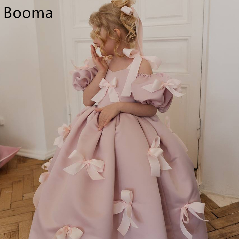 Booma A-Linie Blumen Mädchen Kleider Hochzeit Party Kleid für Kinder Schulterfrei Schleife Mädchen Ballkleider Maßgeschneidert 2025