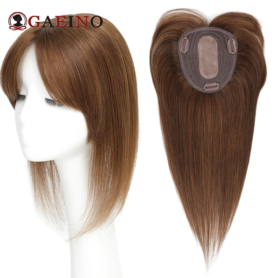 Topper de cabelo liso Cabelo humano real 4 #   Toppers castanho claro marrom chocolate com clipe de base de seda com franja em topper para mulheres