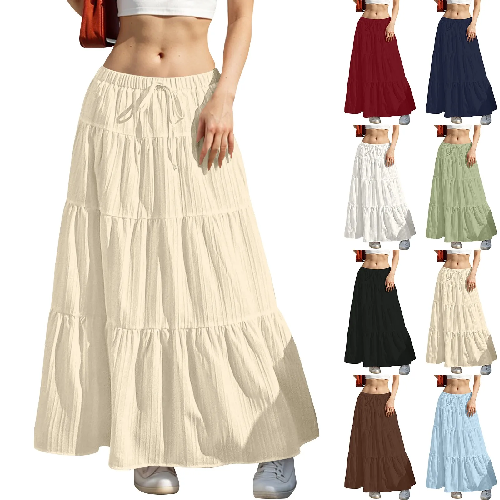 Gonna lunga svasata con orlo arricciato da donna Moda donna Gonne lunghe solide Vita elastica Gonna lunga elegante Abito da torta primavera estate